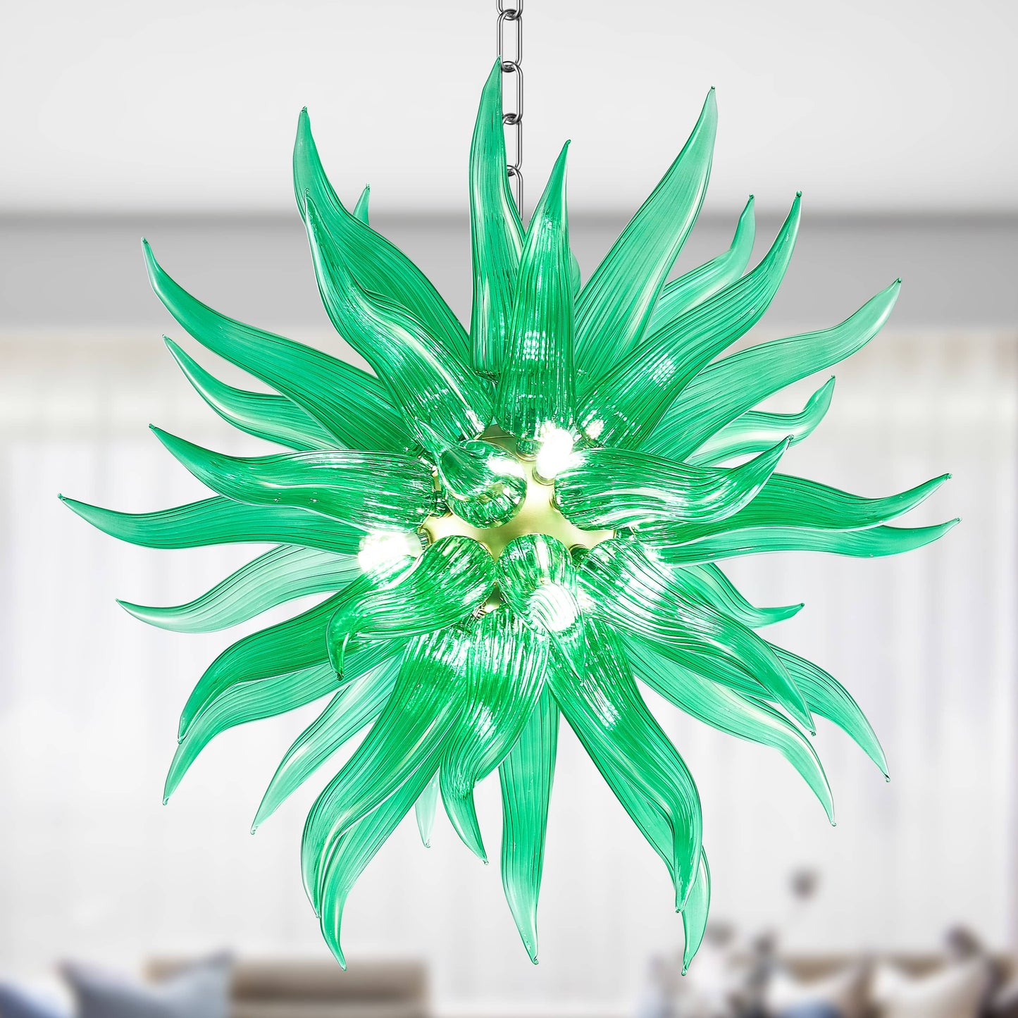 Modern Style Blown Glass Chandelier Emerald Blade