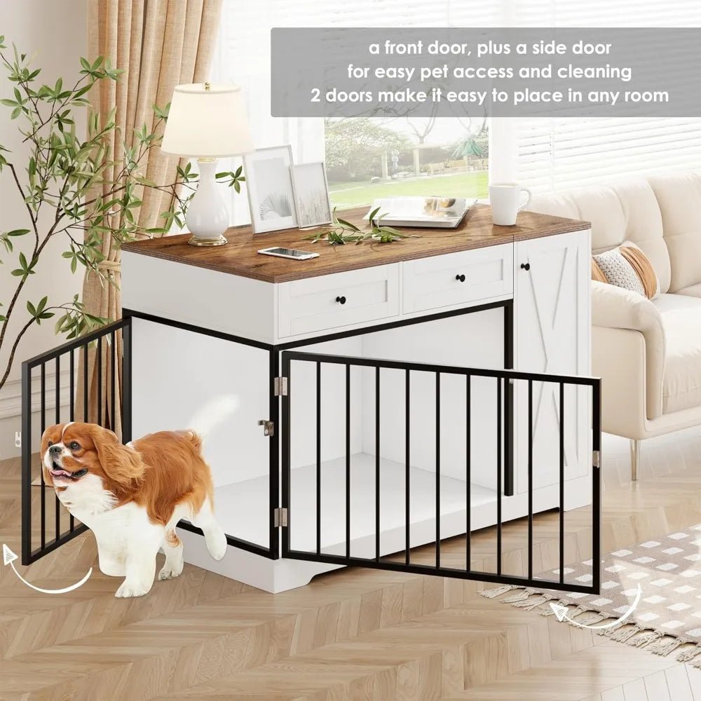 2 - in - 1 Wooden Dog Crate Furniture with Storage – End Table Kennel with Drawers & Double Doors - Melillo Enterprises