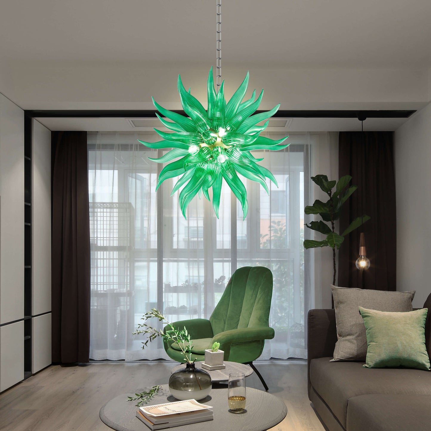 Modern Style Blown Glass Chandelier Emerald Blade