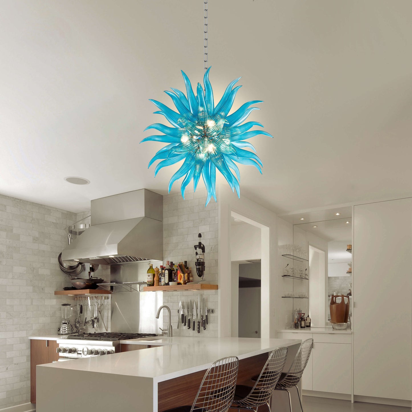 Modern Style Blown Glass Chandelier Aqua Pazzo