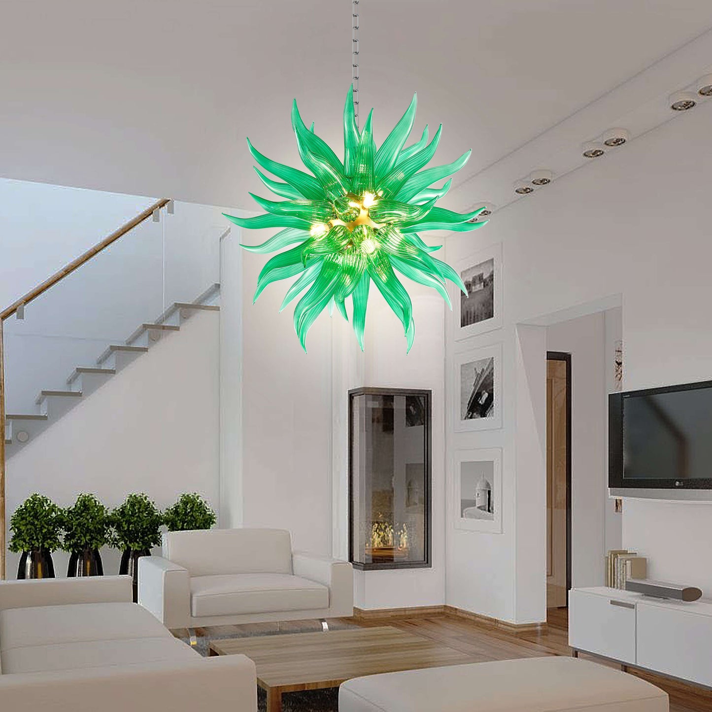 Modern Style Blown Glass Chandelier Emerald Blade