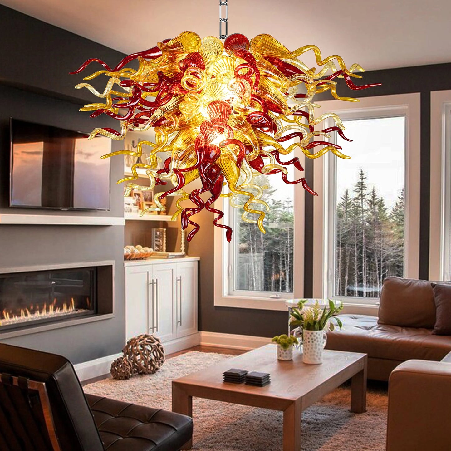 Modern Style Blown Glass Chandelier Wine & Gold