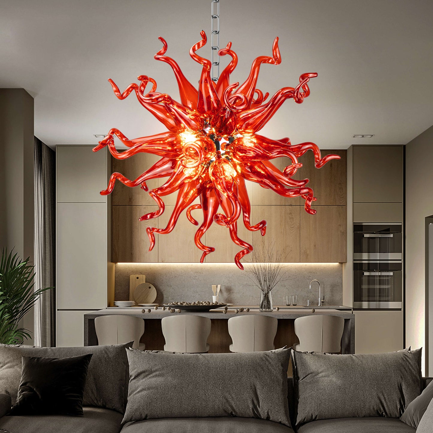 Modern Style Blown Glass Chandelier Ruby