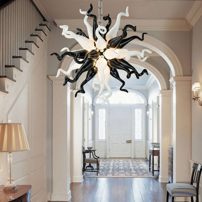 Modern Style Blown Glass Chandelier Black & White Burst