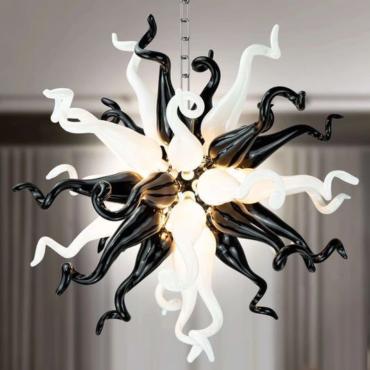 Modern Style Blown Glass Chandelier Black & White Burst