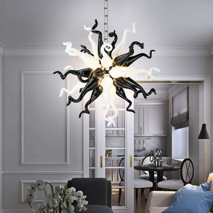 Modern Style Blown Glass Chandelier Black & White Burst