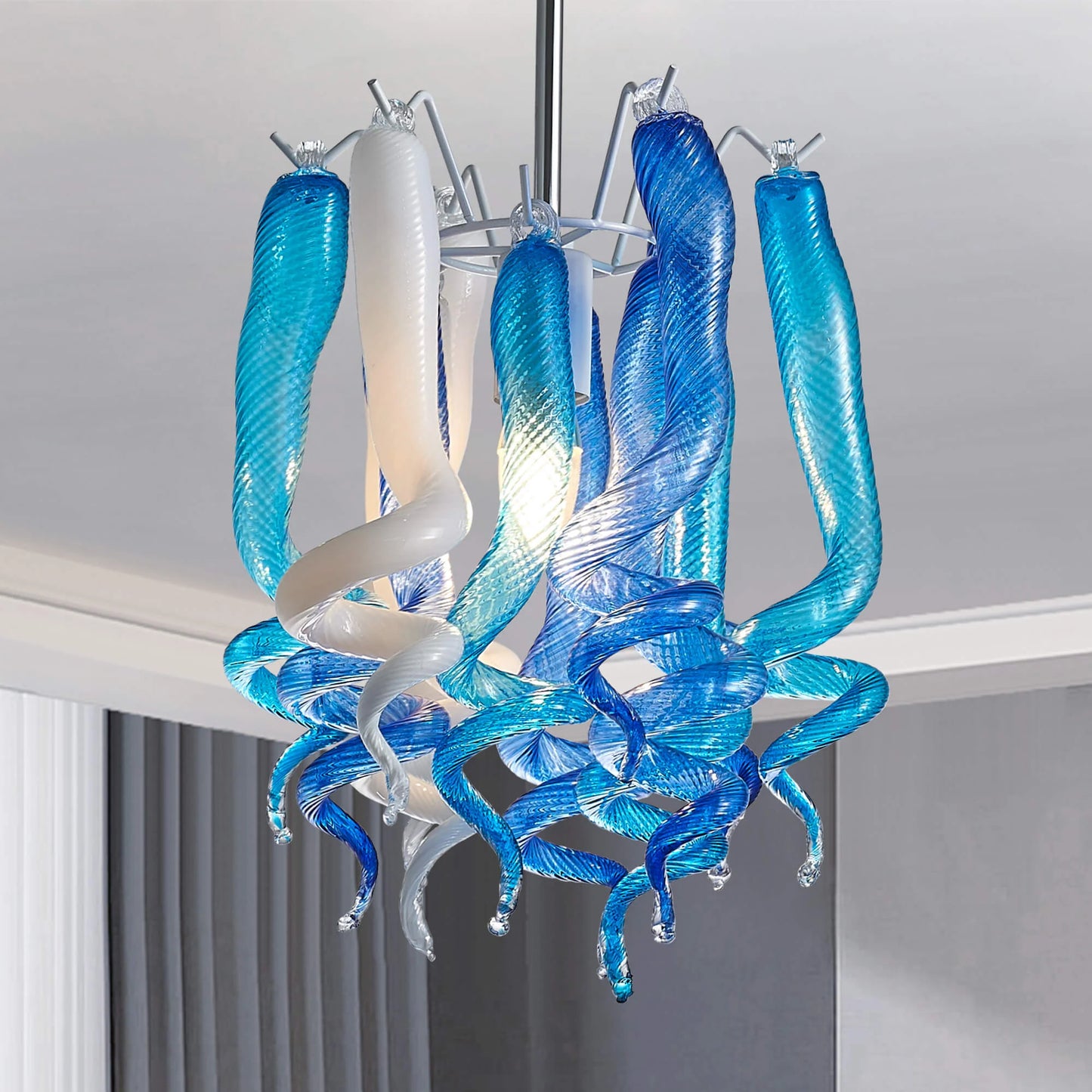 Modern Style Murano Glass Chandelier Lapis & Pearl