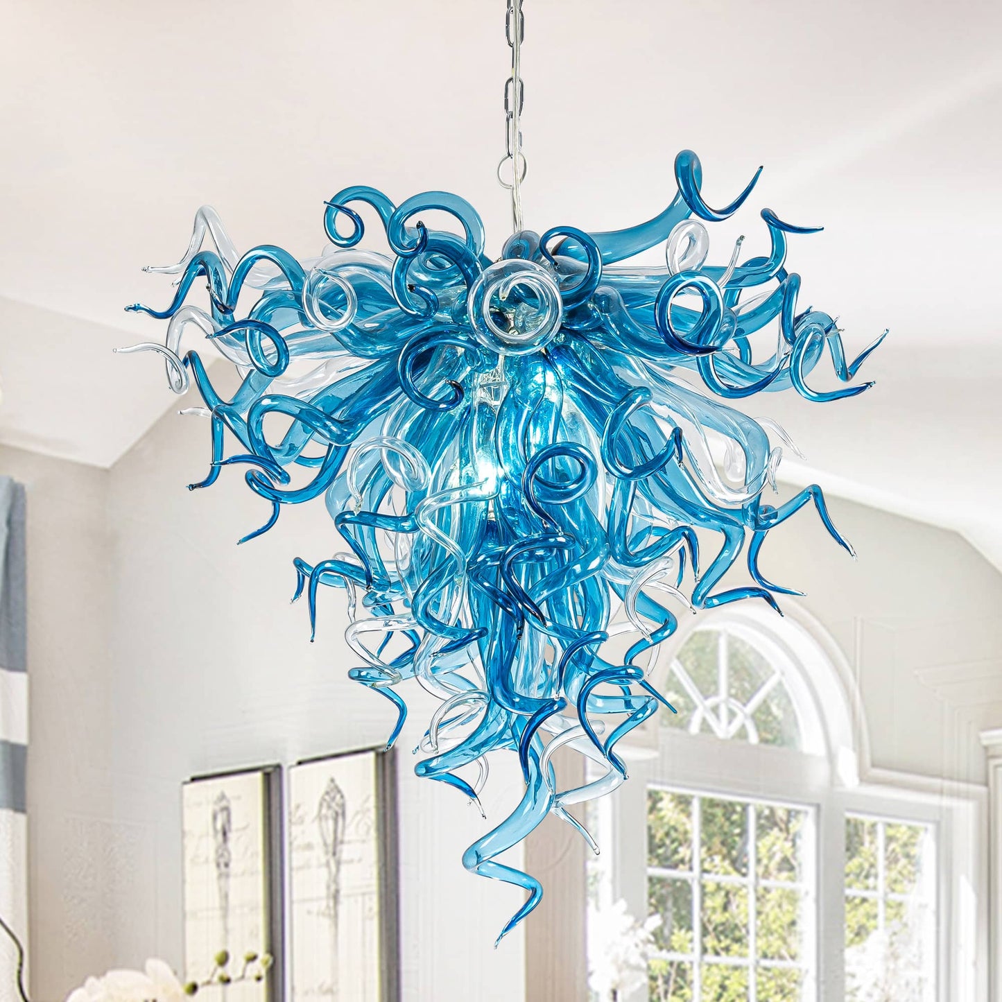 Modern Style Blown Glass Chandelier Blue Horizon