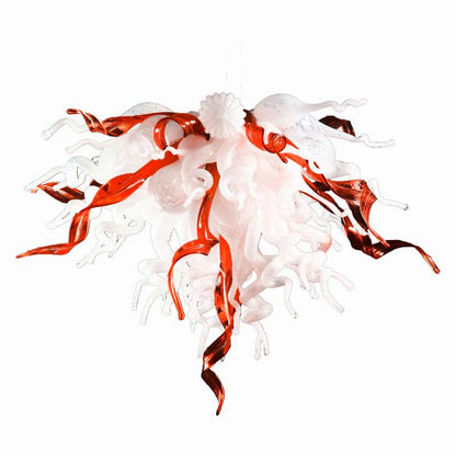 Moderate Blown Glass Chandelier Red Ribbon and White Glass