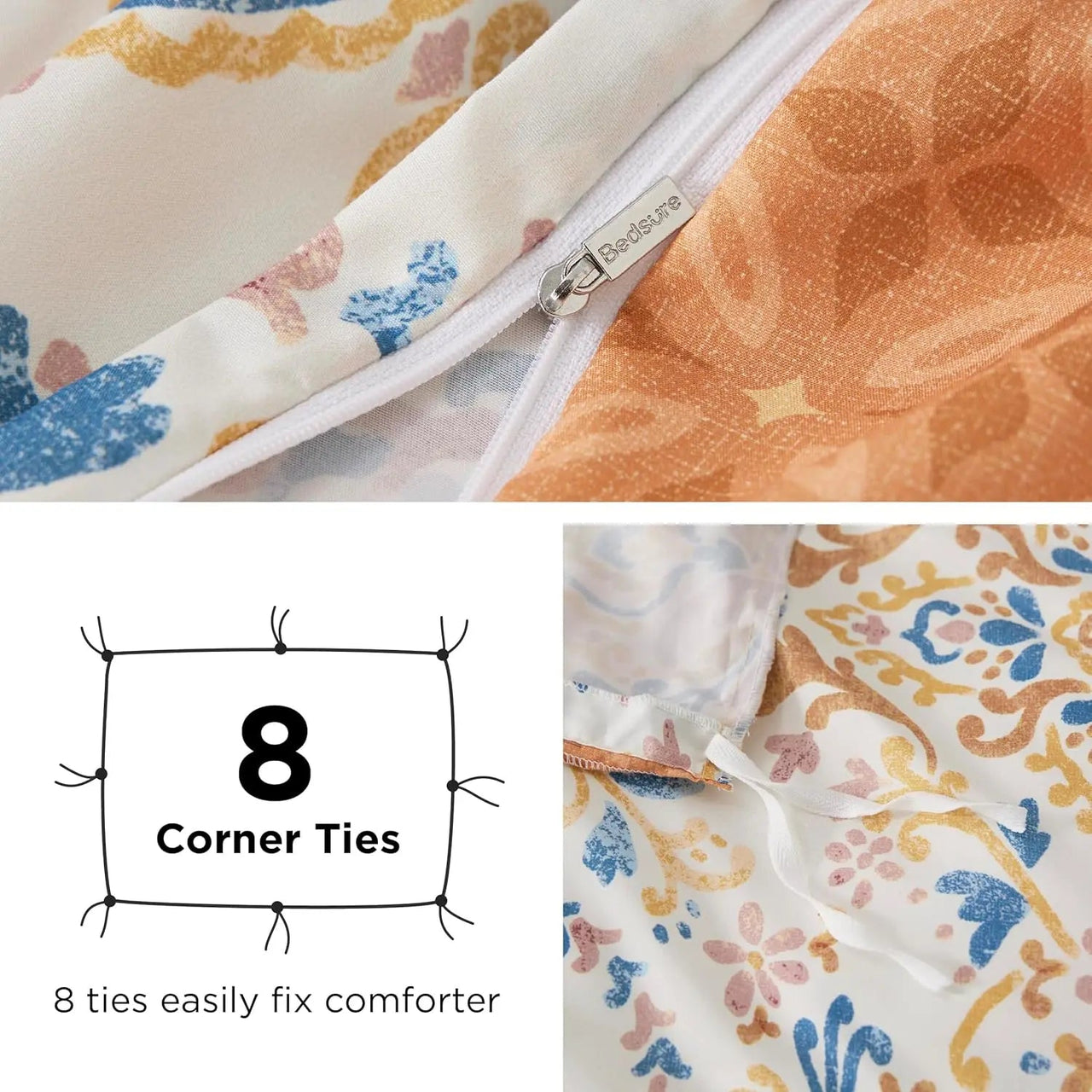 Bedsure Reversible Bohemian Duvet Cover Set – Orange Damask Pattern with Zipper Closure (Queen/King Size) - Melillo Enterprises