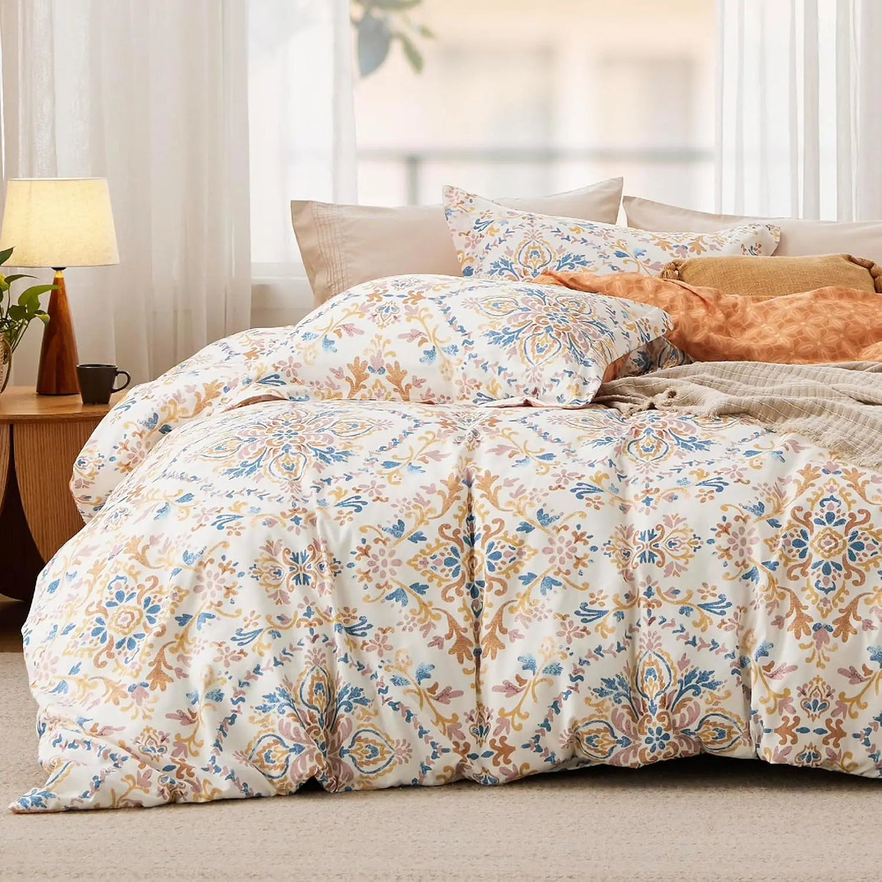 Bedsure Reversible Bohemian Duvet Cover Set – Orange Damask Pattern with Zipper Closure (Queen/King Size) - Melillo Enterprises