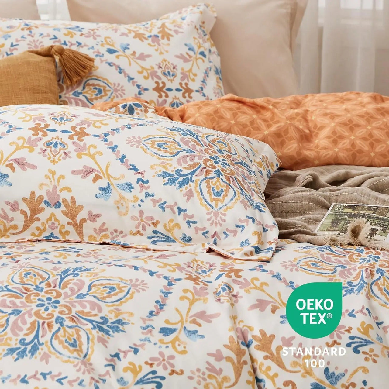 Bedsure Reversible Bohemian Duvet Cover Set – Orange Damask Pattern with Zipper Closure (Queen/King Size) - Melillo Enterprises