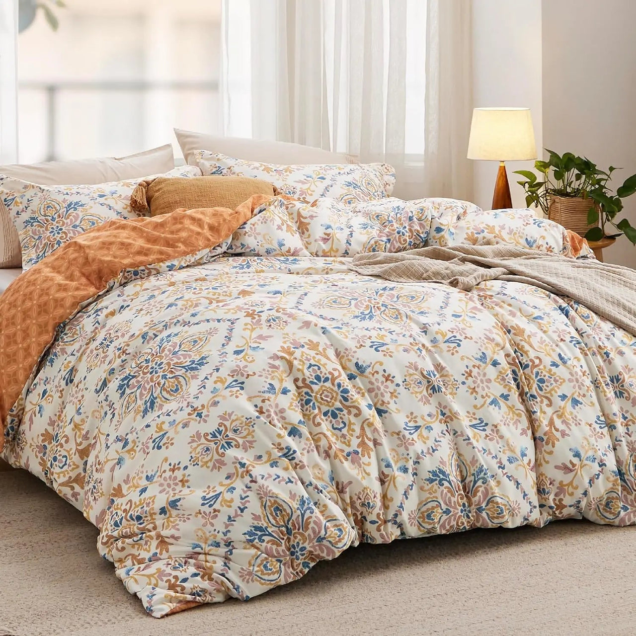 Bedsure Reversible Bohemian Duvet Cover Set – Orange Damask Pattern with Zipper Closure (Queen/King Size) - Melillo Enterprises