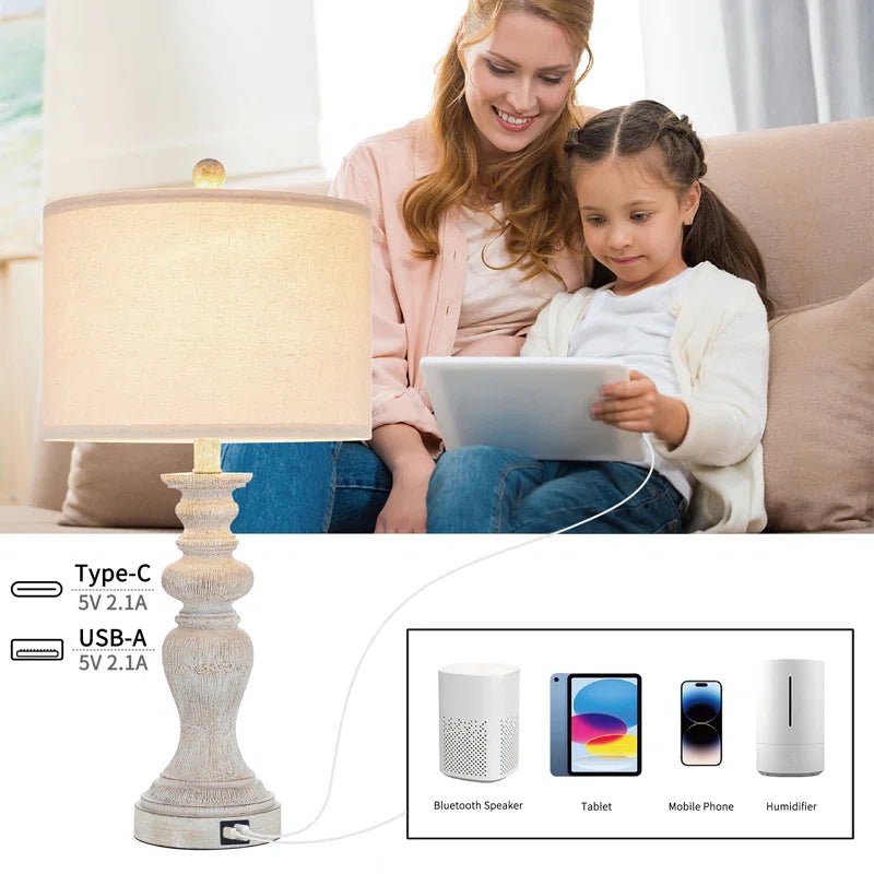 Charlottesville Distressed Beige Resin Table Lamp Set with Charging Ports - Melillo EnterprisesAll categories