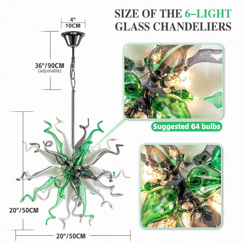 Vibrant Emerald blown glass chandelier with LED lighting, designed for high-end, stylish interiors.