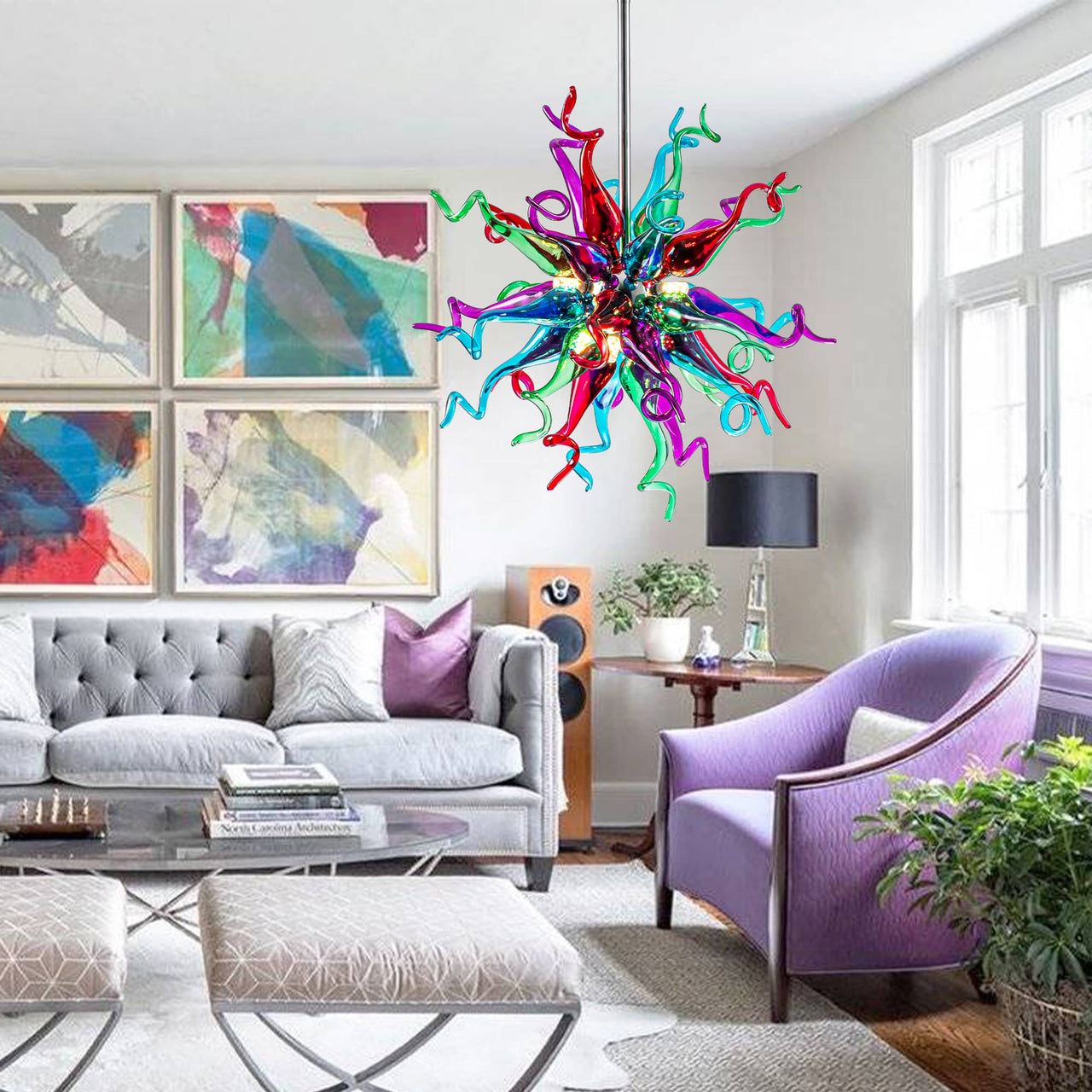 Luxury Multi Color blown glass chandelier with LED lighting, ideal for colorful, upscale spaces.