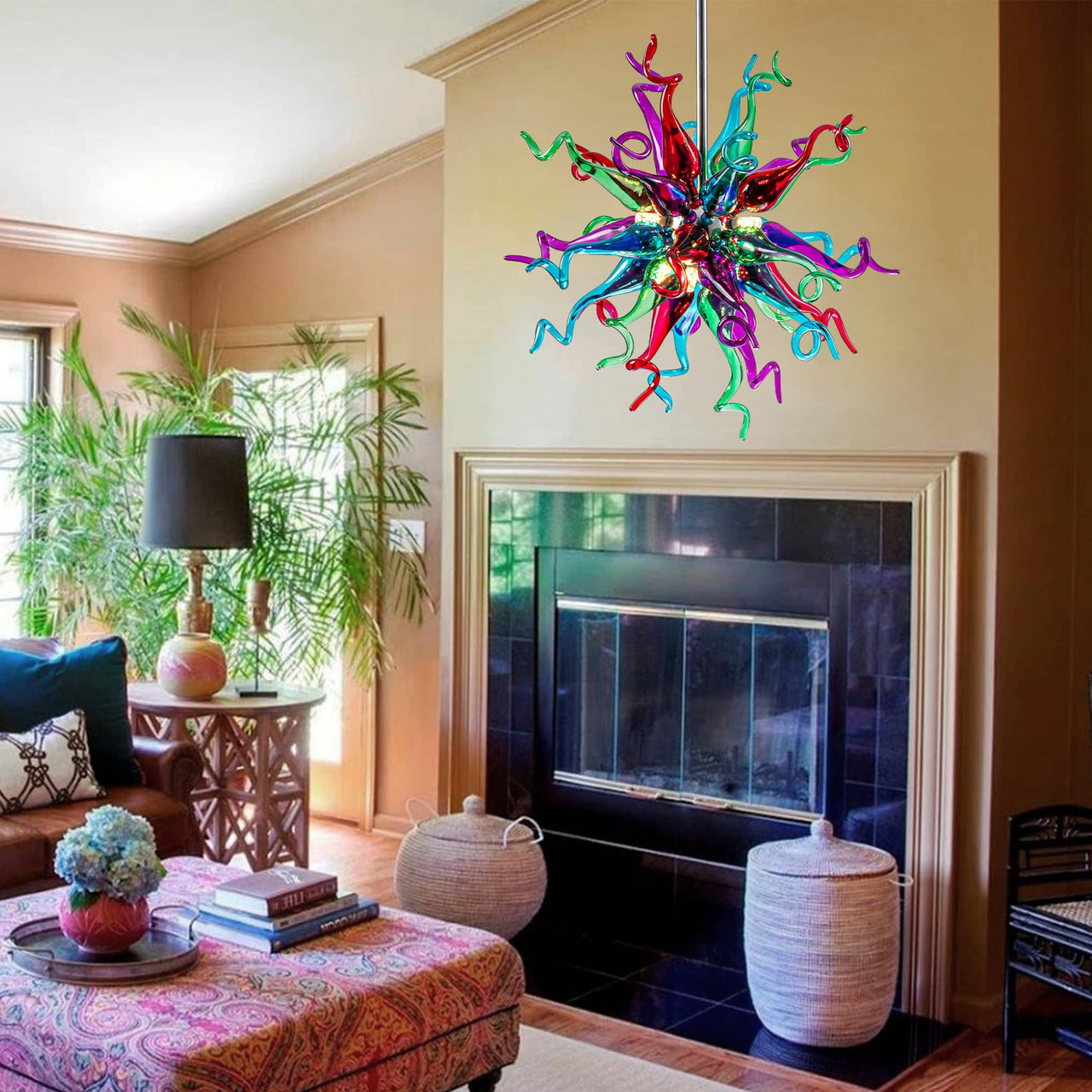 Vibrant Multi Color blown glass chandelier with LED lighting, designed to enhance luxury interiors.