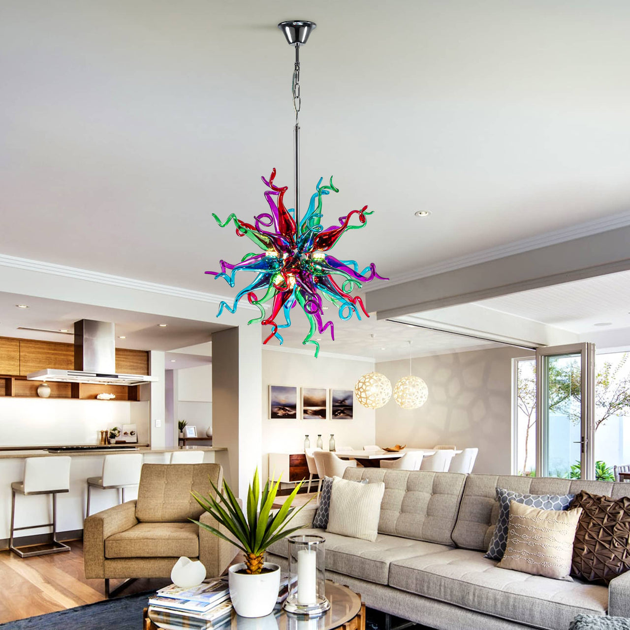 Handcrafted Multi Color blown glass chandelier with LED lights, adding vibrancy to modern home decor.