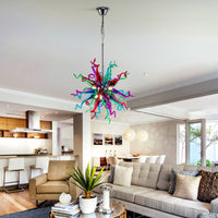 Handcrafted Multi Color blown glass chandelier with LED lights, adding vibrancy to modern home decor.