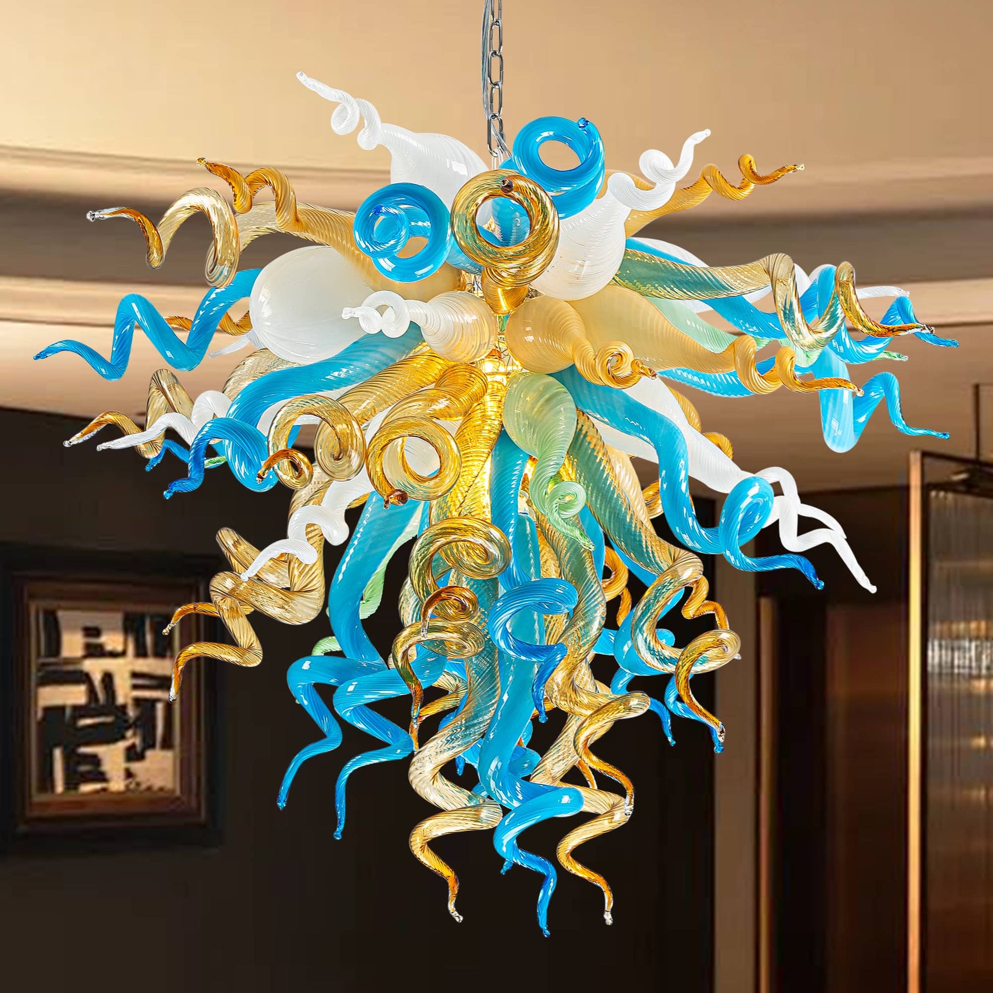 Chihuly Blown Murano Glass Chandelier Mint and Gold - Melillo Chihuly