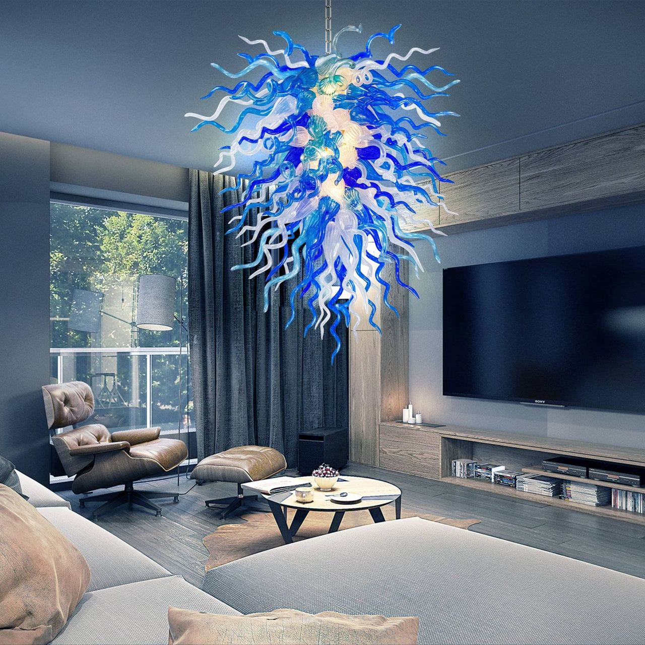 Handcrafted Arctic Frost blown glass chandelier, offering elegant design and energy-efficient LED lighting.