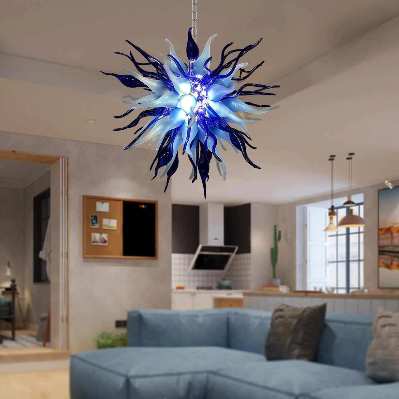 Elegant Black Ice blown glass chandelier with unique design and LED lighting, ideal for modern luxury living rooms.