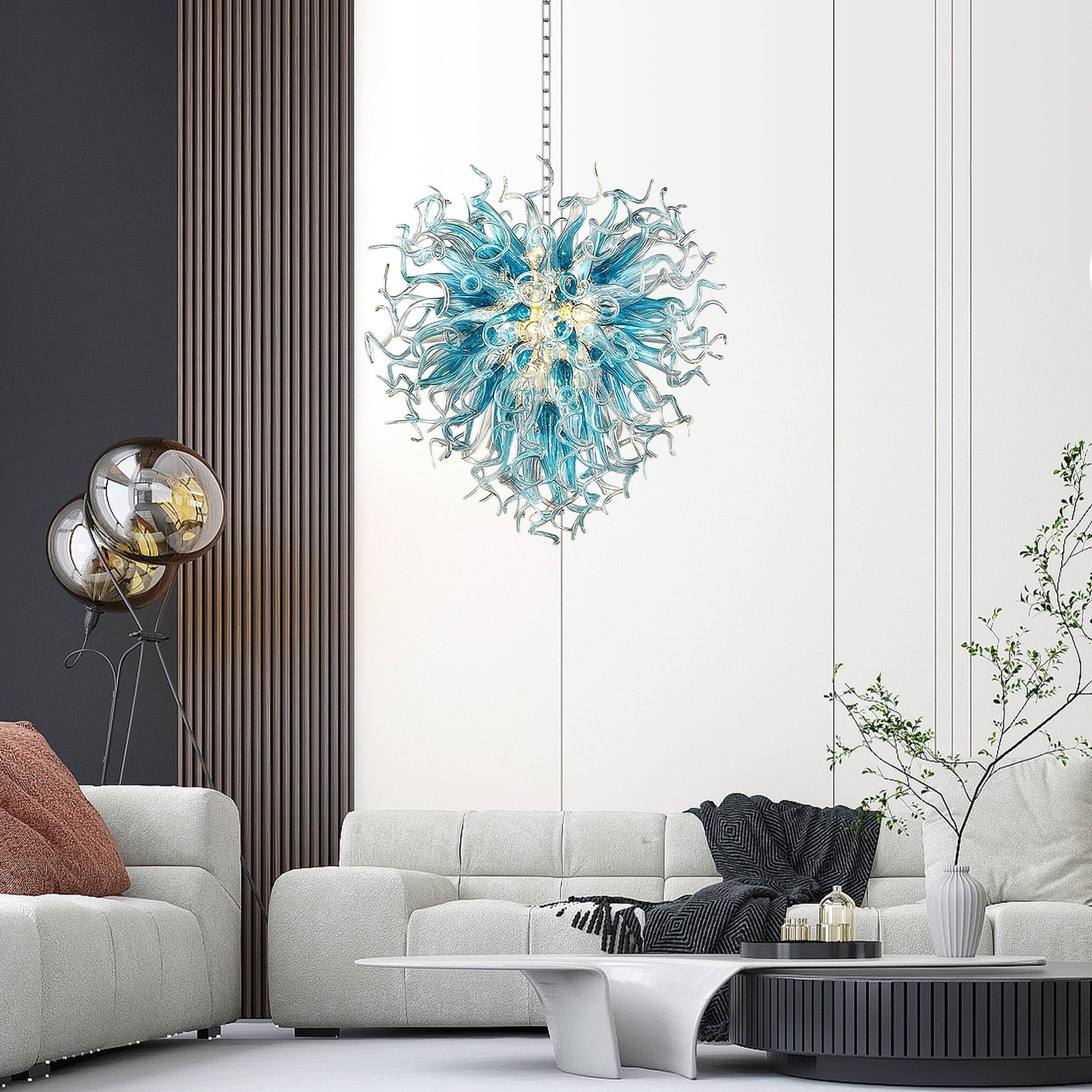 Chihuly Style Blown Glass Chandelier Blue & Grey Sun Shape - Melillo Chihuly