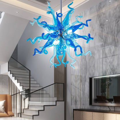 Chihuly Style Blown Glass Chandelier Light Azure & Blue Sputnik Shape - Melillo Chihuly