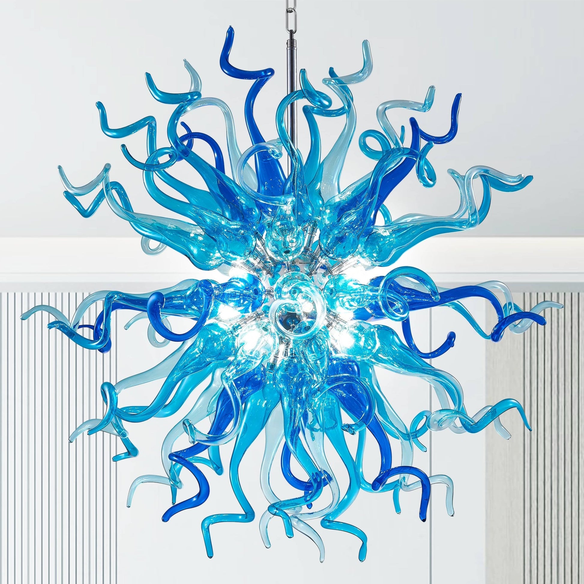 Chihuly Style Blown Glass Chandelier Light Azure & Blue Sputnik Shape - Melillo Chihuly