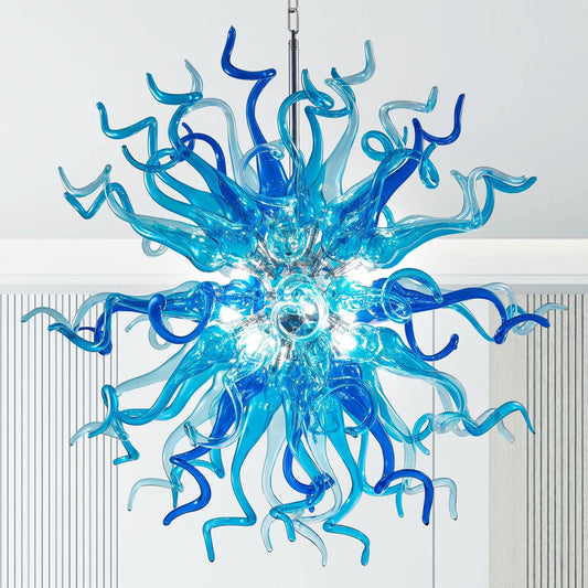 Chihuly Style Blown Glass Chandelier Light Azure & Blue Sputnik Shape - Melillo Chihuly