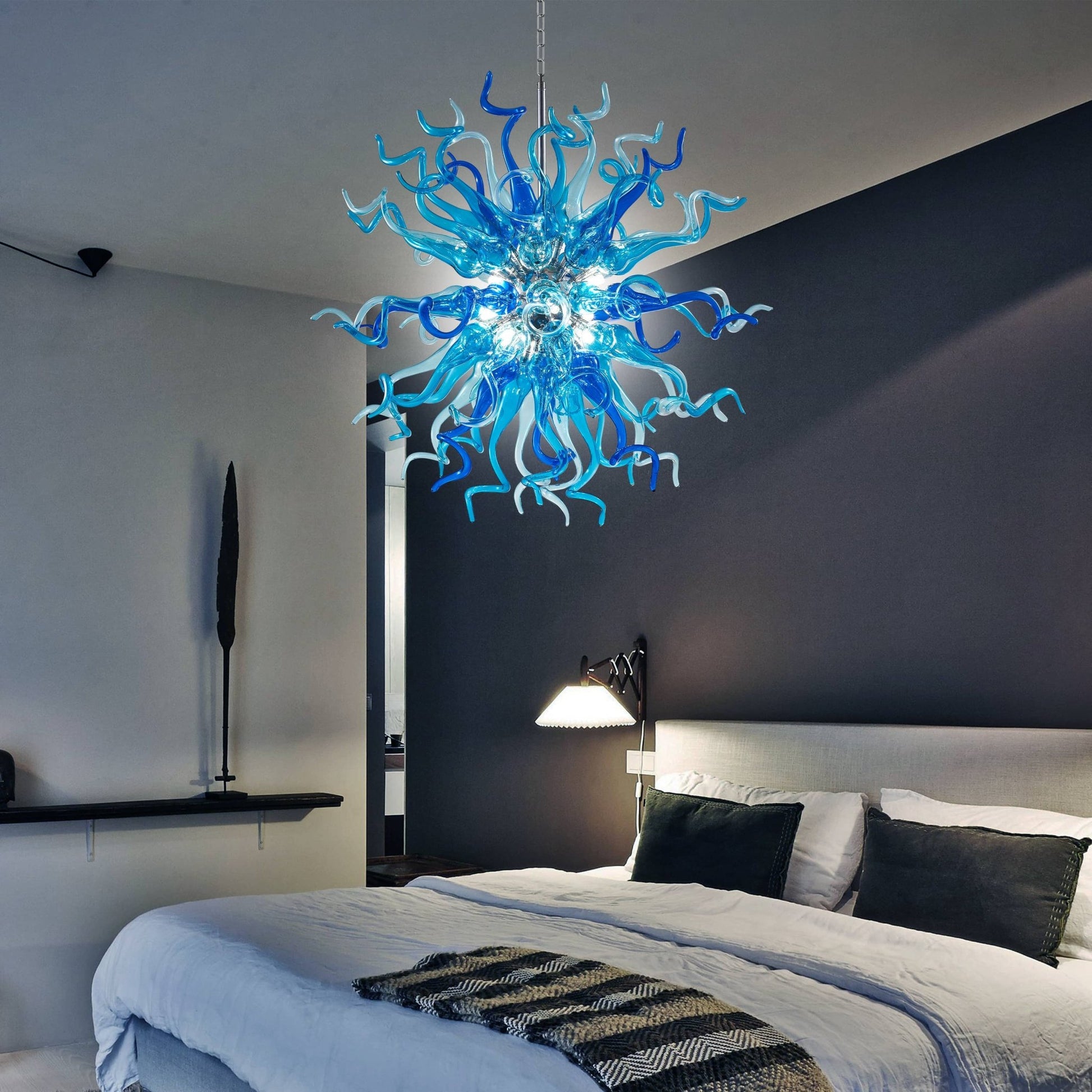 Chihuly Style Blown Glass Chandelier Light Azure & Blue Sputnik Shape - Melillo Chihuly