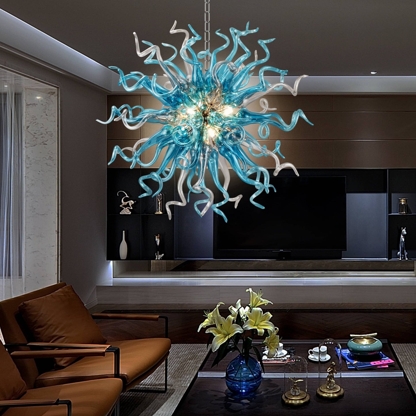 Chihuly Style Blown Glass Chandelier Sputnik Shape - Melillo Chihuly