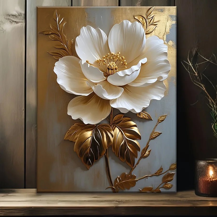 Elegant White Floral Canvas – Gold Flower Wall Art for Home & Office - Melillo Enterprises