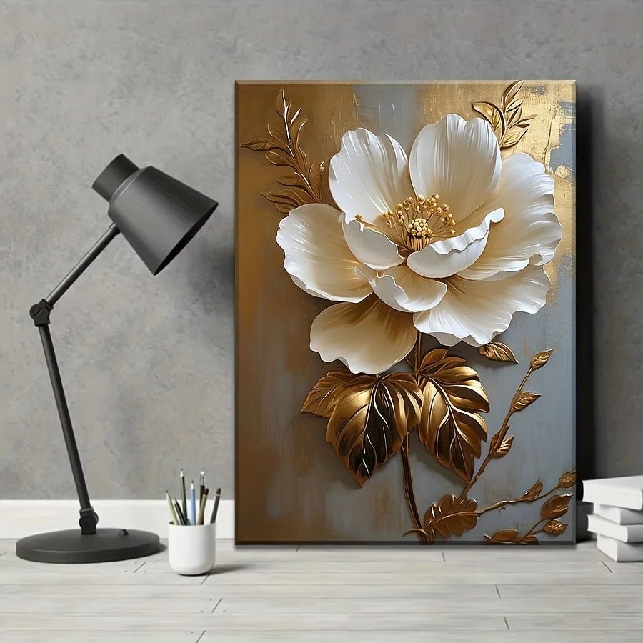 Elegant White Floral Canvas – Gold Flower Wall Art for Home & Office - Melillo Enterprises