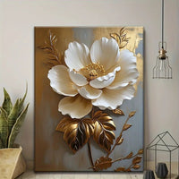 Elegant White Floral Canvas – Gold Flower Wall Art for Home & Office - Melillo Enterprises