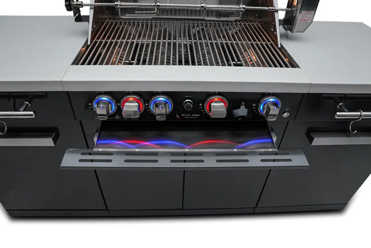 MA - 957 5 - Burner 63000 BTU Black Stainless Steel Outdoor Kitchen Bar Gas Island Grill W/ Infrared Rear Burner + Rotisserie Kit + Granite Countertop + Storage Cabinets & Full Weather Cover - Melillo EnterprisesAll categories