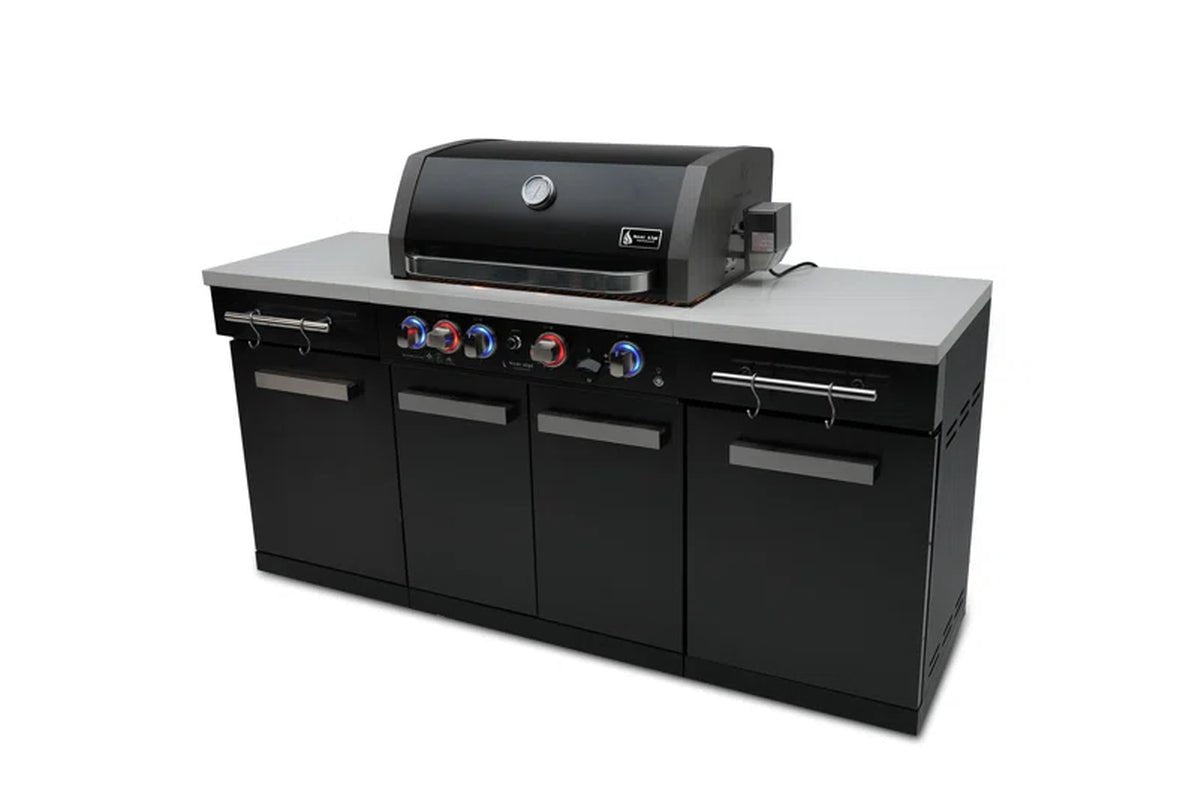 MA - 957 5 - Burner 63000 BTU Black Stainless Steel Outdoor Kitchen Bar Gas Island Grill W/ Infrared Rear Burner + Rotisserie Kit + Granite Countertop + Storage Cabinets & Full Weather Cover - Melillo EnterprisesAll categories