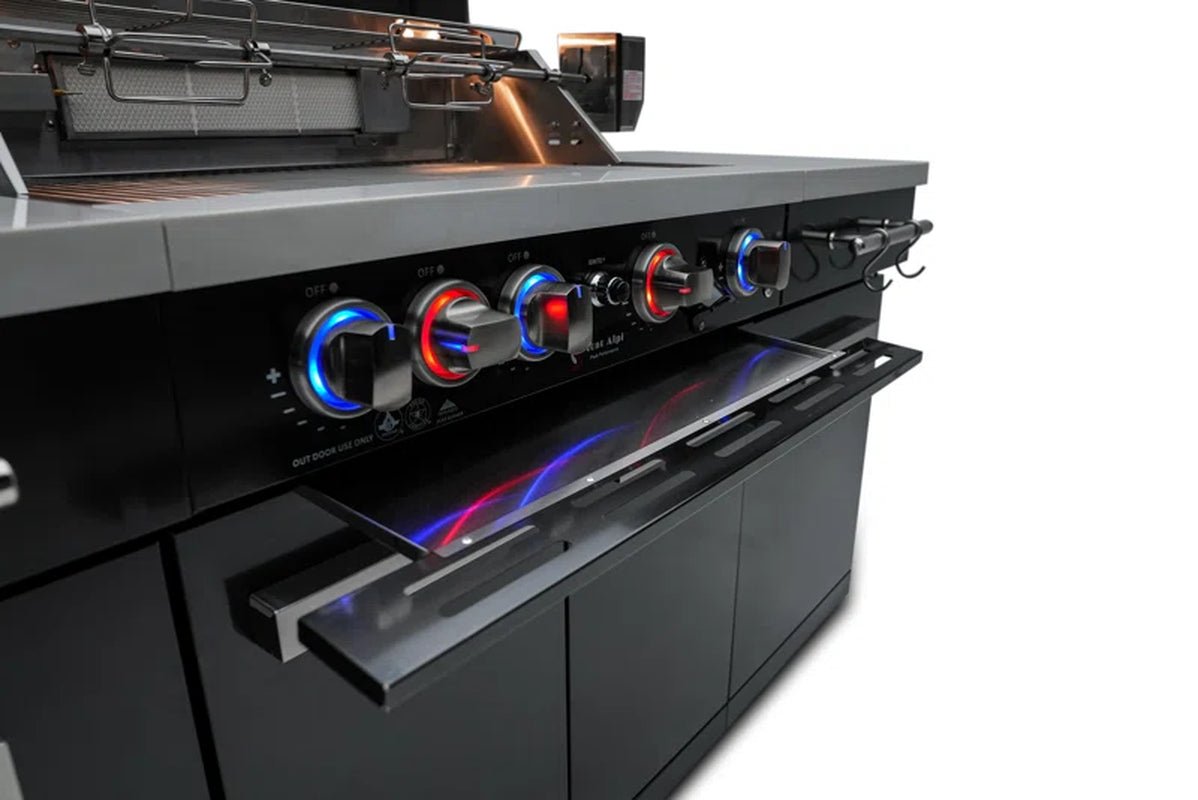 MA - 957 5 - Burner 63000 BTU Black Stainless Steel Outdoor Kitchen Bar Gas Island Grill W/ Infrared Rear Burner + Rotisserie Kit + Granite Countertop + Storage Cabinets & Full Weather Cover - Melillo EnterprisesAll categories