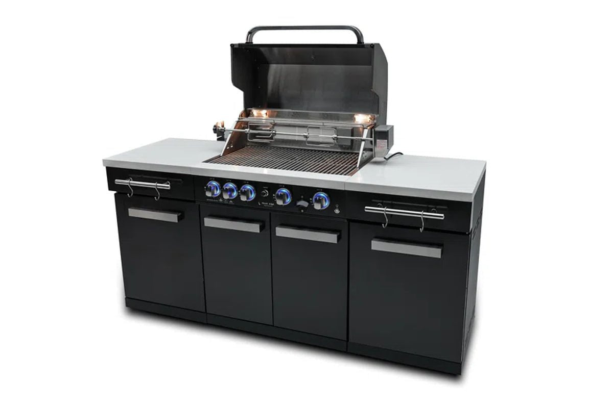 MA - 957 5 - Burner 63000 BTU Black Stainless Steel Outdoor Kitchen Bar Gas Island Grill W/ Infrared Rear Burner + Rotisserie Kit + Granite Countertop + Storage Cabinets & Full Weather Cover - Melillo EnterprisesAll categories