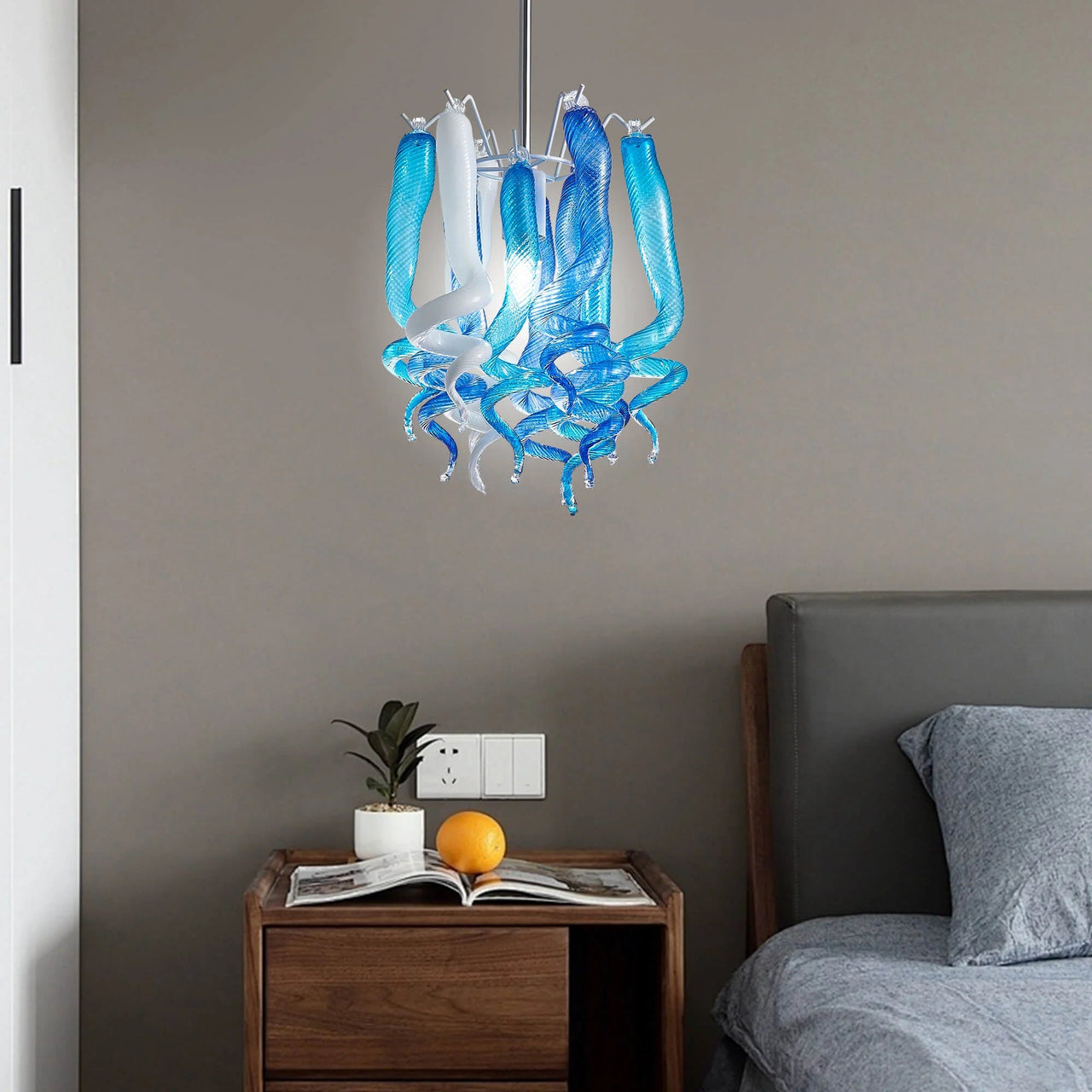 Murano Glass Chandelier Lapis & Pearl, offering a sophisticated design with blue lapis and pearl glass accents.
