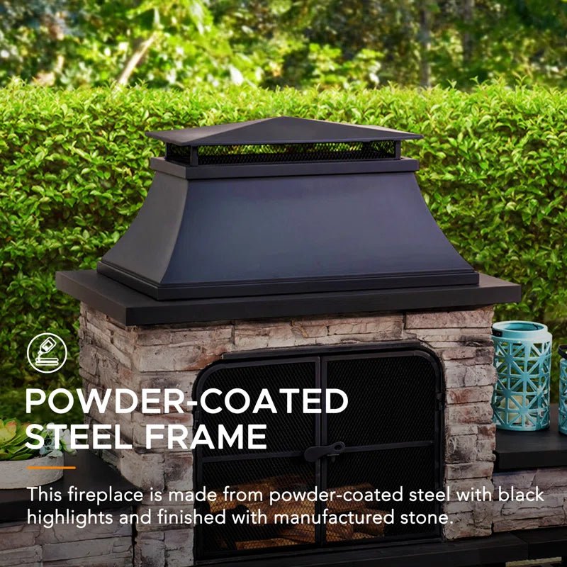 Sunjoy Quillen Outdoor Fireplace, Patio Wood Burning Fireplace with Steel Chimney, Mesh Spark Screen Doors and Fire Poker - Melillo EnterprisesAll categories