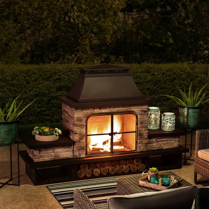 Sunjoy Quillen Outdoor Fireplace, Patio Wood Burning Fireplace with Steel Chimney, Mesh Spark Screen Doors and Fire Poker - Melillo EnterprisesAll categories