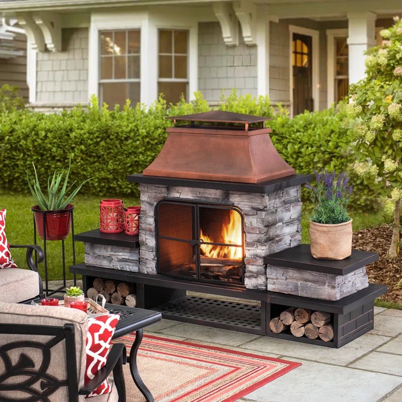 Sunjoy Quillen Outdoor Fireplace, Patio Wood Burning Fireplace with Steel Chimney, Mesh Spark Screen Doors and Fire Poker - Melillo EnterprisesAll categories