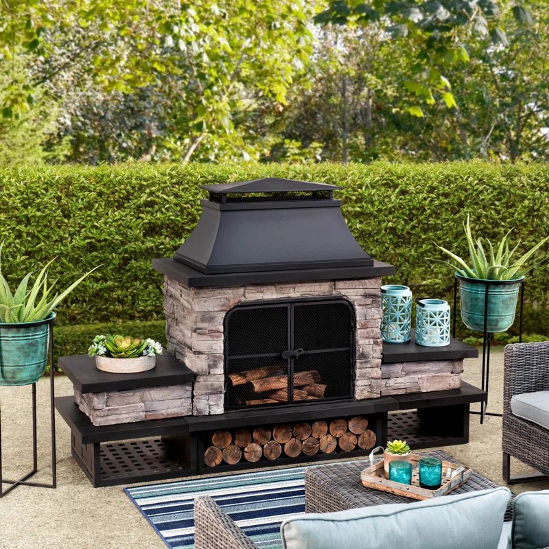Sunjoy Quillen Outdoor Fireplace, Patio Wood Burning Fireplace with Steel Chimney, Mesh Spark Screen Doors and Fire Poker - Melillo EnterprisesAll categories