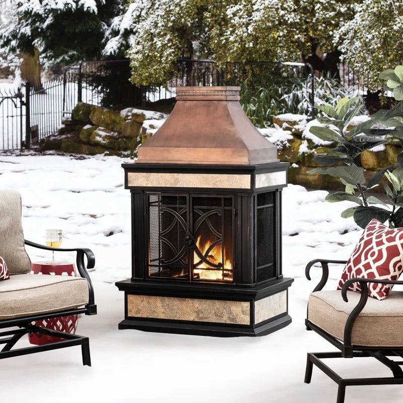 Sunjoy Sofie Outdoor Fireplace, Heirloom Patio Wood Burning Steel Fireplace with Chimney, Spark Screen, Fire Poker, and Removable Grate - Melillo EnterprisesAll categories